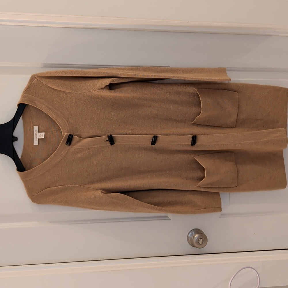 Ellen Tracy Camel Merino Wool Blend Duster Cardigan with Toggle Closures